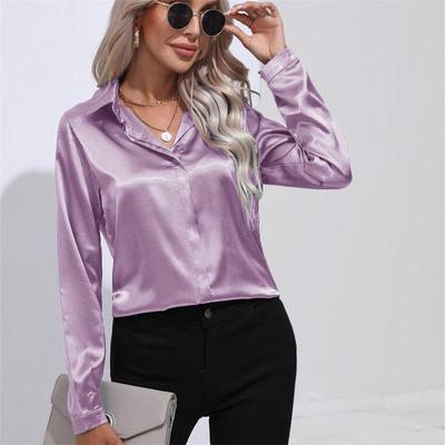 Frauen Frühling Herbst Top Solide Langarm Revers Bluse Lose Casual Damen Büro Satin Shirts