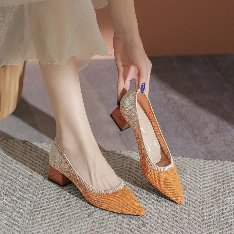 Scarpe Basse Donna Nuove Versatili Scarpe in Maglia Tacco Spesso Punta Appuntita Slip-on Rete Scarpe Leggere 40 Scarpe da Donna