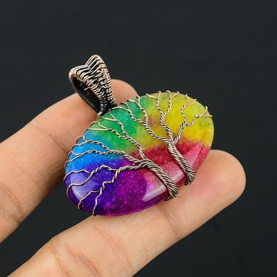 Doppio albero della vita arcobaleno solare quarzo gemma filo di rame avvolgere ciondolo fatto a mano gioielli indiani