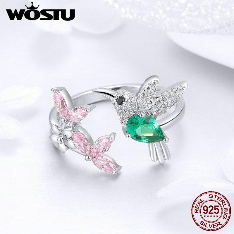 WOSTU Autentické 925 mincové striebro, platinované a zirkónové prstene Darčekový prsteň z kolibríka