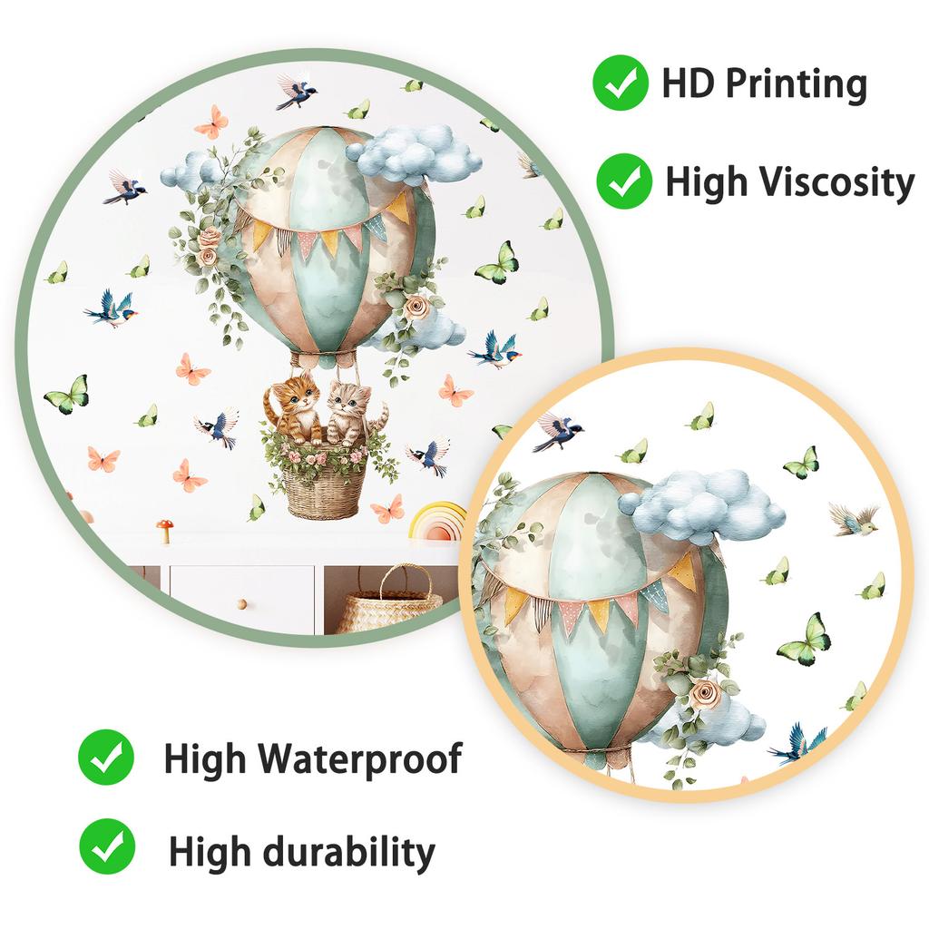 Watercolor Hot Air Balloon Cat Wall Sticker Butterfly Bird Plants Self-Adhesive Waterproof Removable Warm Home Decor