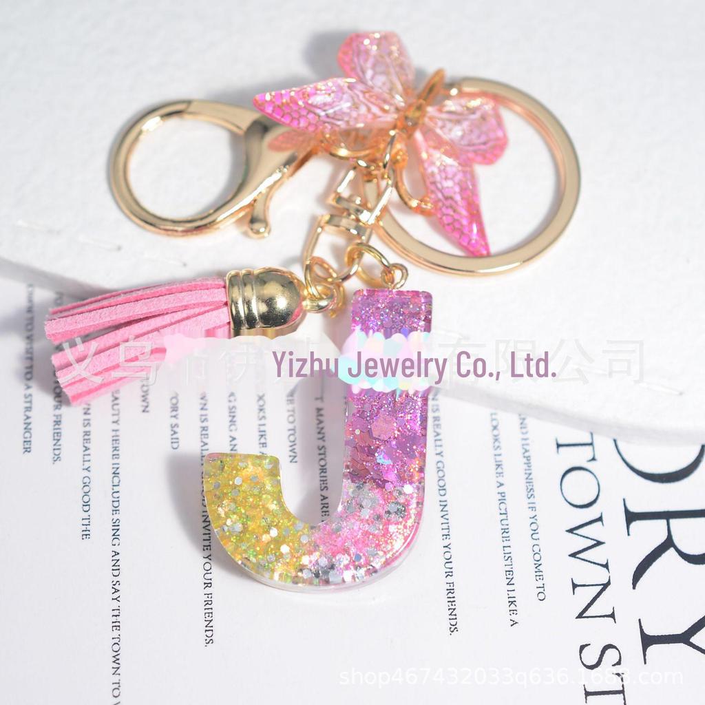 New Sparkling Sequin Initial Keychain with Butterfly Tassel & Crystal Accents