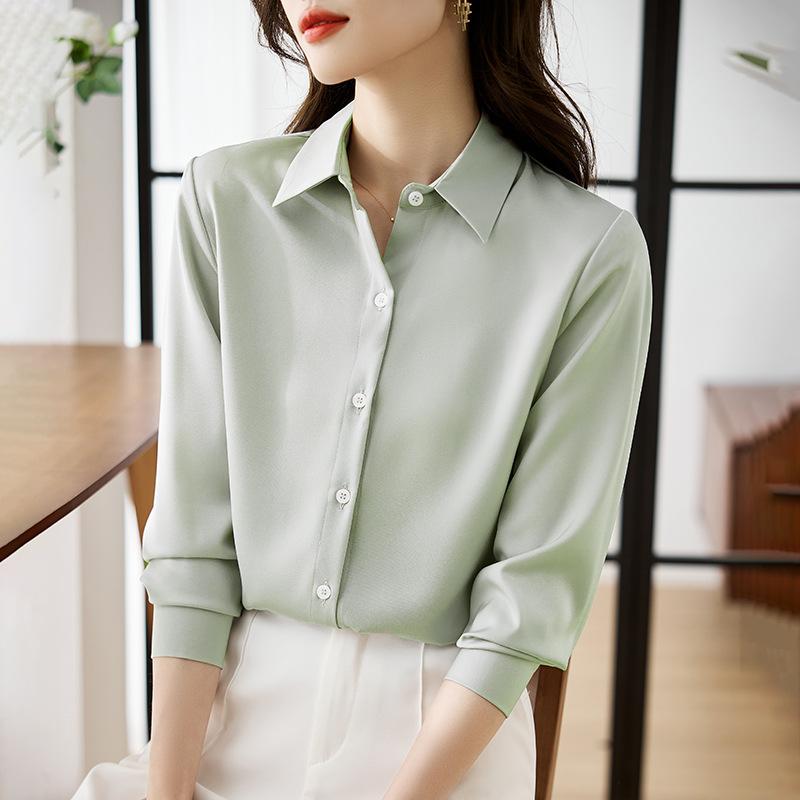 Gray Blue Satin Shirt for Women 2025 Long Sleeve Spring Versatile Hidden Placket Hong Kong Style Draping Commuter Chic Mature Blouse Top