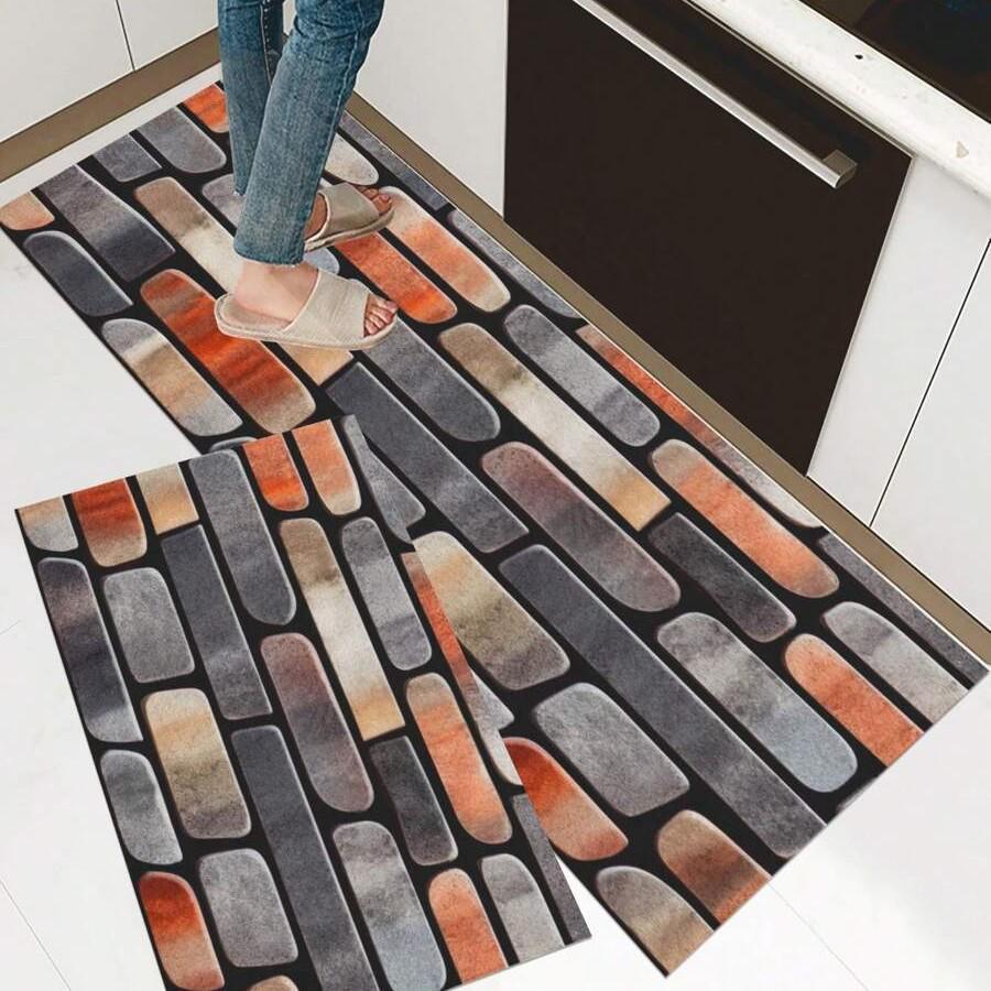 American Retro Kitchen Floor Mat Set: Water-Absorbent, Stain-Resistant, Easy-Care, Customizable Logo, Two-Piece
