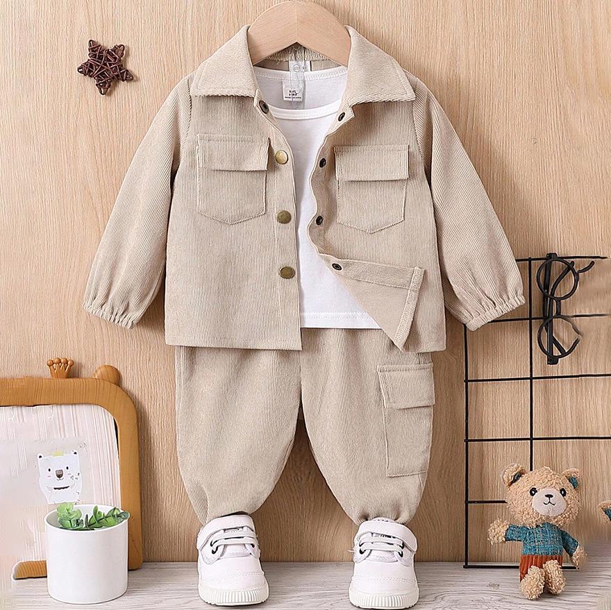 Beige Children's Autumn/Winter Suit: Stylish Baby Boy Long-Sleeve Jacket and Trousers Combo