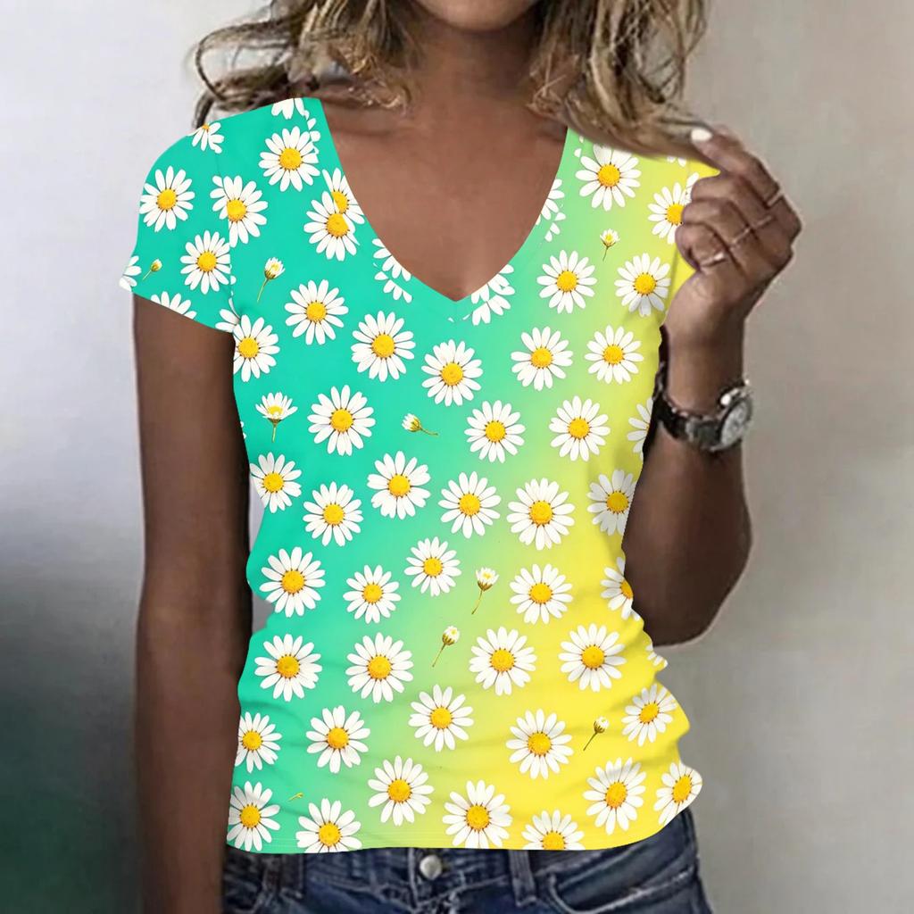 Women Casual V Neck Short Sleeve Floral Print T Shirt Lightweight Soft Fabric Summer Top for Everyday Wear