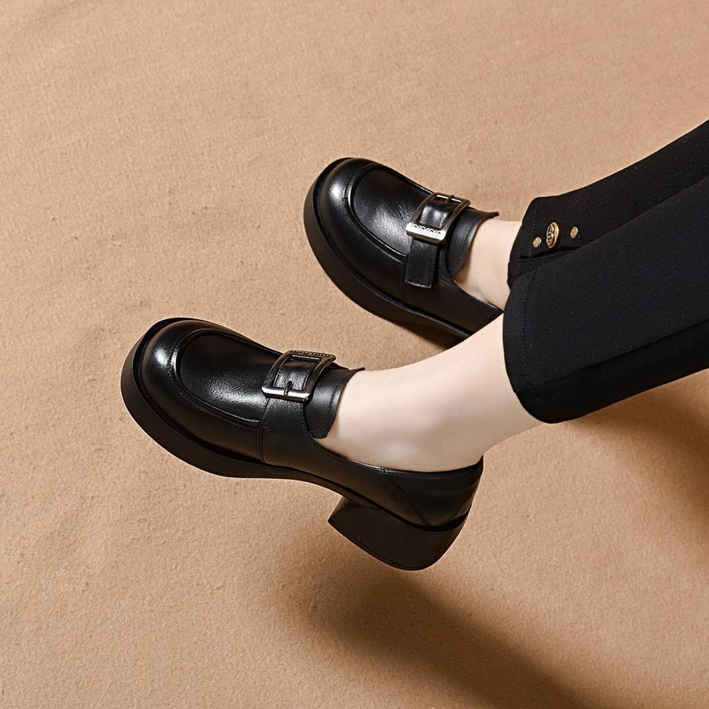 Platform shoes women's spring square buckle thick heel one pedal single shoes first layer cowhide small leather shoes