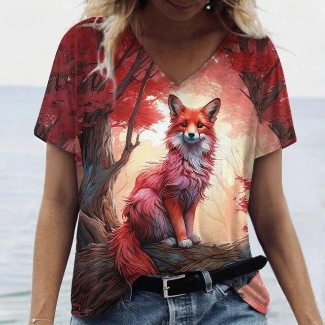 

Летний топ с V-образным вырезом и 3D-принтом лисы, модная повседневная женская футболка с коротким рукавом 5XL