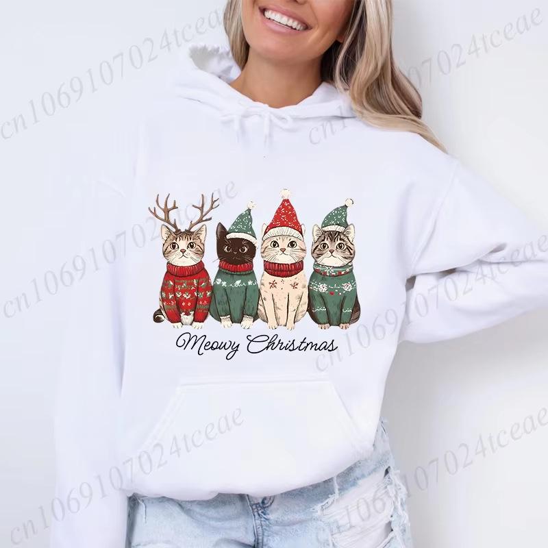 Meow Meow Christmas Cat Print Sweatshirt – Funny Merry Christmas Casual Fashion Top