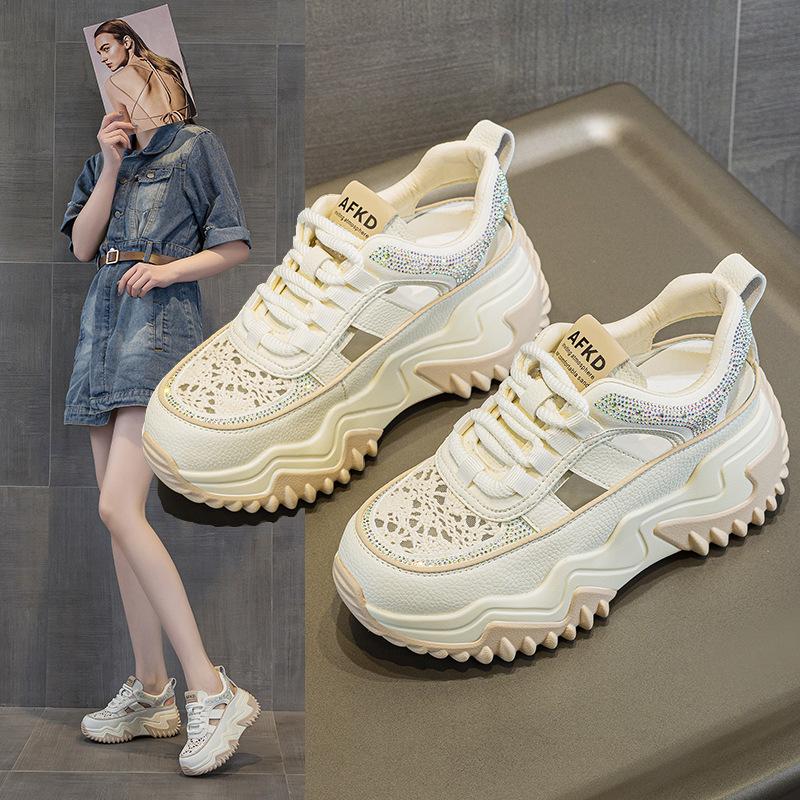 2025 summer new leather breathable casual trend women's shoes trend thick-soled versatile rhinestone sandals women
