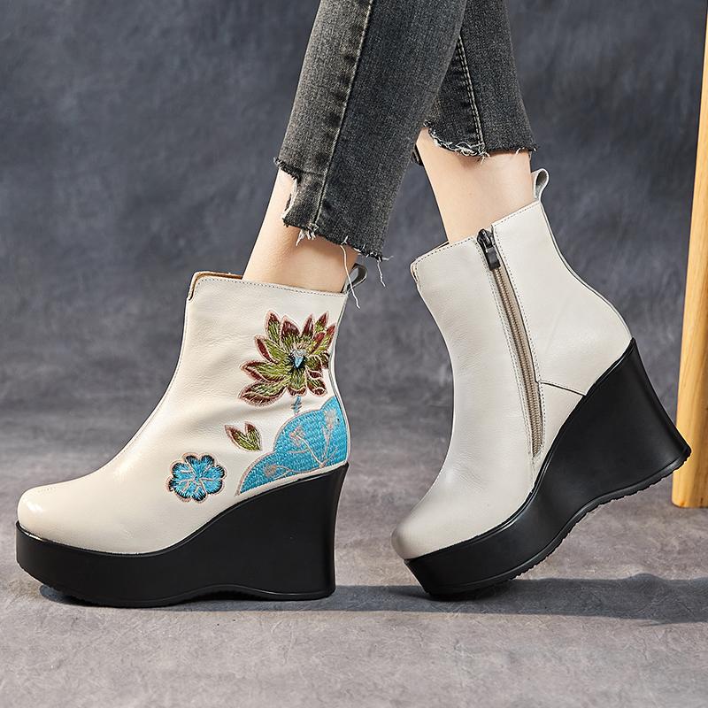 Fashion GKTINOO Handmade Boots For Women Genuine Leather Ankle Shoes Embroidery Vintage Platform Women Shoes Round Toes Wedges Boots