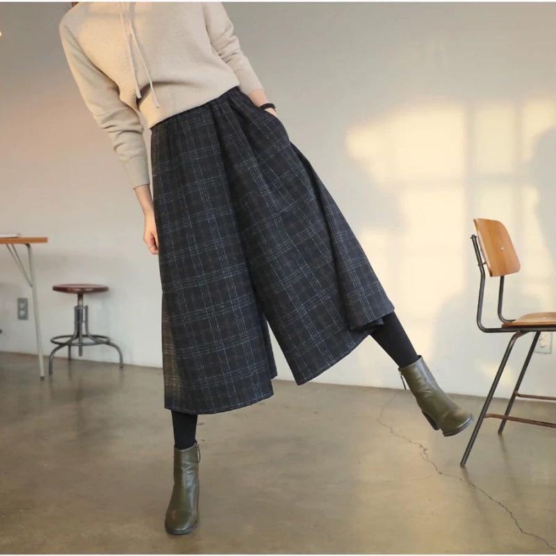 

2025 Autumn/Winter Women s Plaid Wool Wide-Leg Elastic Waist Pants Skirt XL for 70-100 kg