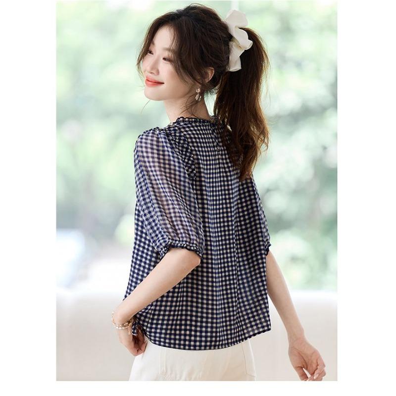 Καλοκαιρινό Νέο Στυλ Chic Καρό Ζιφον Μπλουζάκι Γυναικείο Φαρδύ Casual Κοντομάνικο Όλο-Ταίριασμα Στρογγυλή Λαιμόκοψη Μπλούζα Μικρό Πουκάμισο