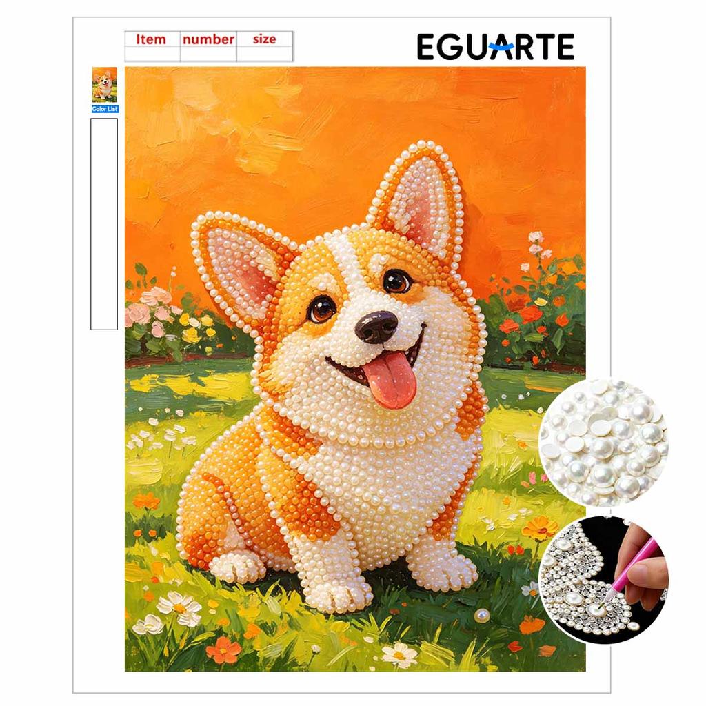 Sparkling Pearl Painting on Stretched Frame Cute Corgi Dog DIY Bead Art Canvas Relaxing Hobby Gift for Craft Lovers Great Home Decor Art Craft