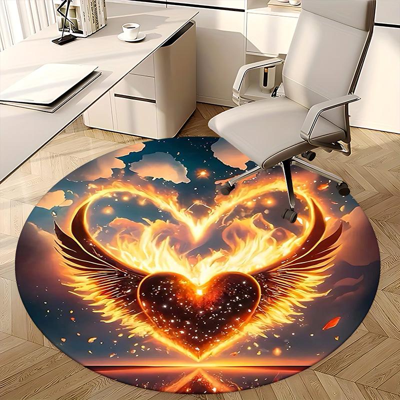 1pc Flaming Heart with Wings Round Carpet Anime Design Office Chair Mat, Non Slip Rug for Home Decor, Gift, Office, Living Room, Bedroom
