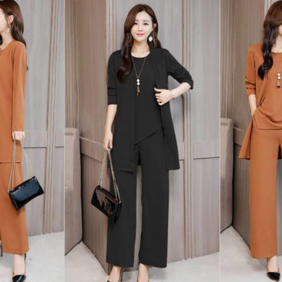 3Pcs/Set O-neck Sleeveless Lady Outfit Irregular Hem Elastic Waistband Pockets Vest Top Wide Leg Pants Mid-length Coat Set