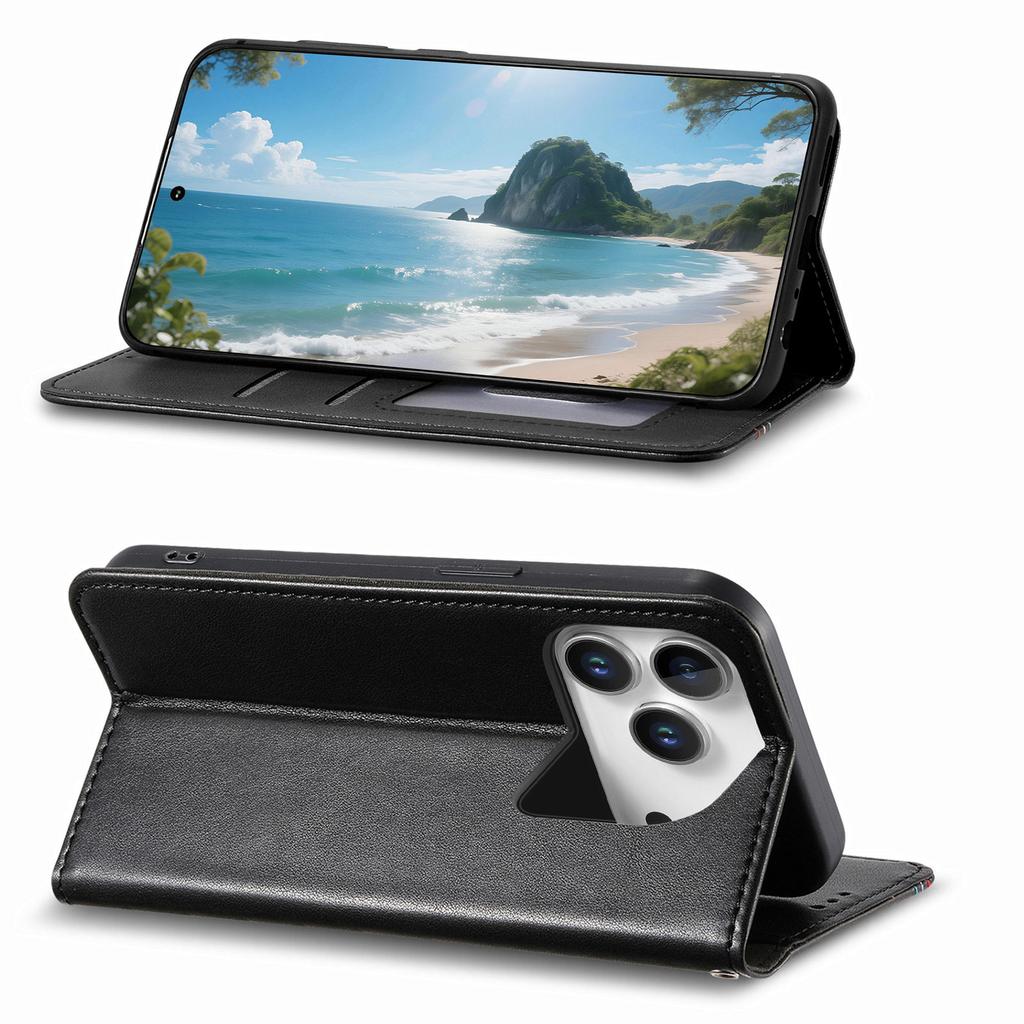 For iPhone 17 Pro Case Wallet Tri-Color Stitching Leather Phone Cover with Elastic Wristband