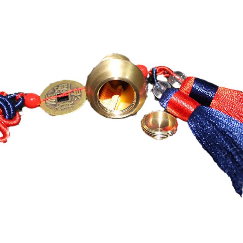 Retro Brass Gourd Car Pendant with Five Emperors Coins - Pure Copper Ornament for Storing Sutras