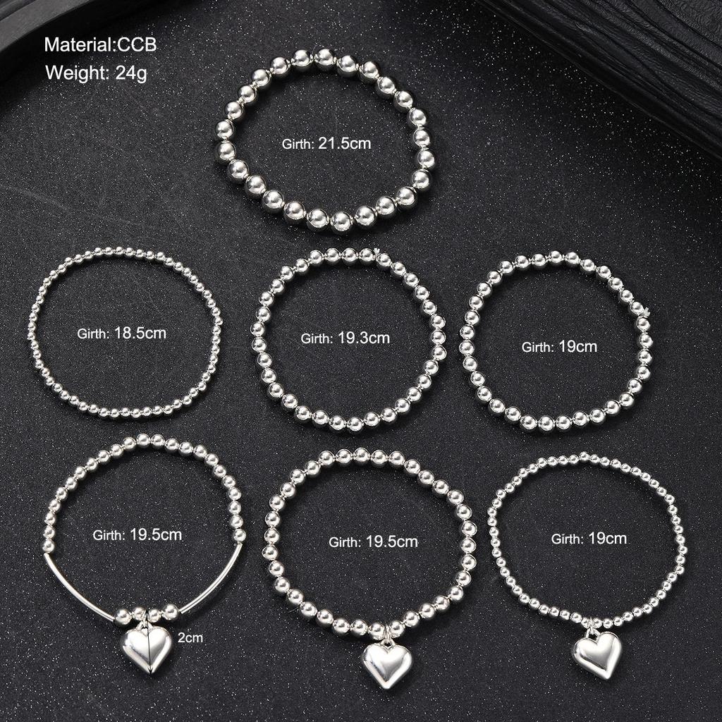 7Pcs Stacked French Beaded Love Pendant Bracelet Women's Simple Imitation Pearl Elastic Jewelry
