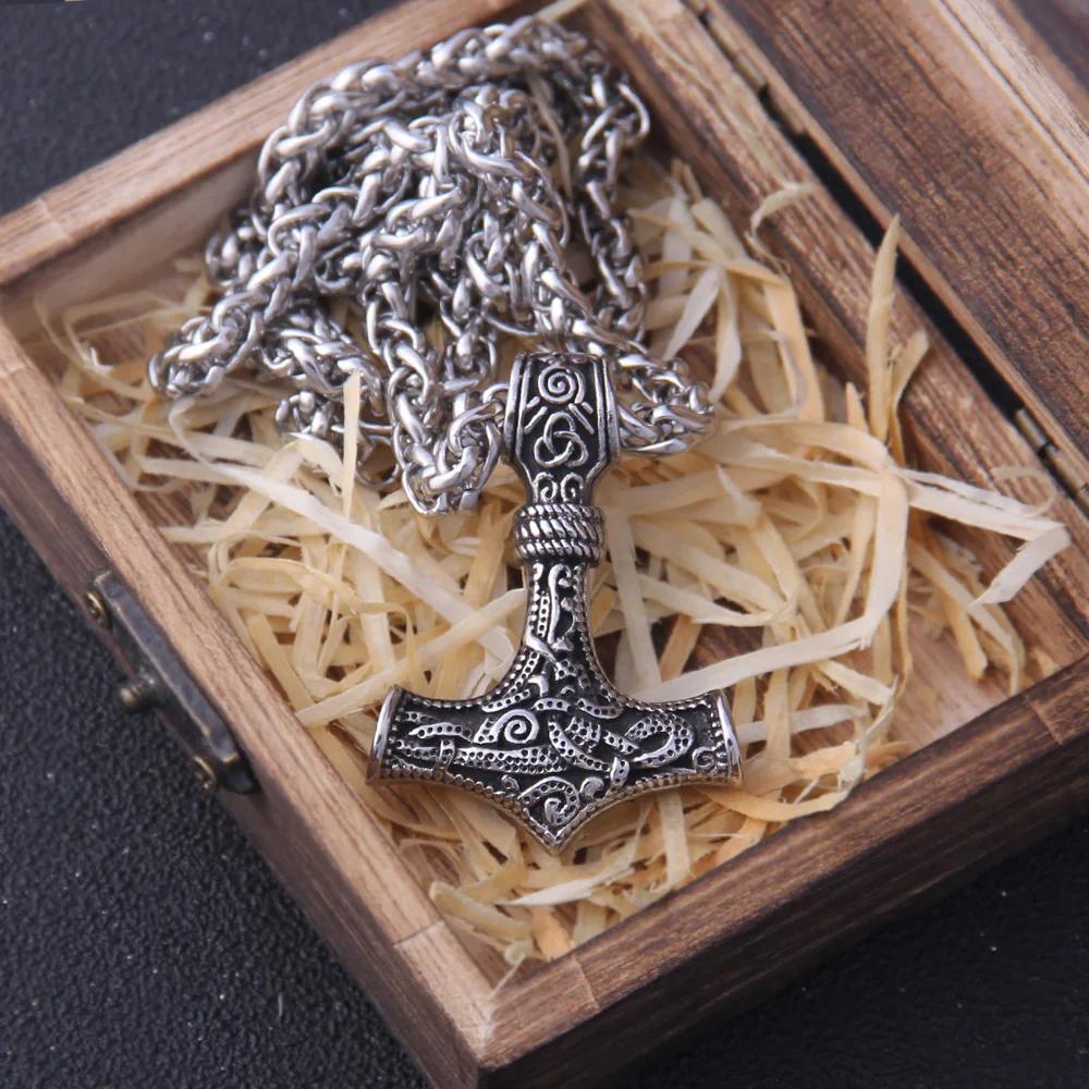 Fashion Valknut Viking Thor's Hammer Pendant Necklace With keel Chain As Men Gift with wooden box
