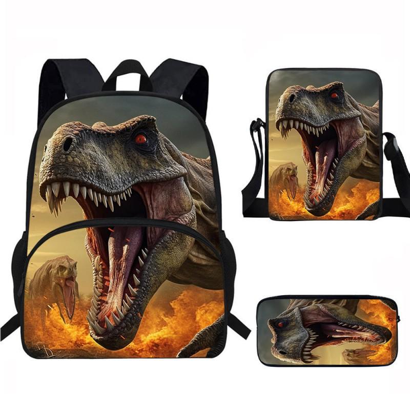 Kids Dinosaur Backpack Set Elementary School Oxford Fabric Ergonomic Back Support Breathable Lightweight 3-Piece Kit