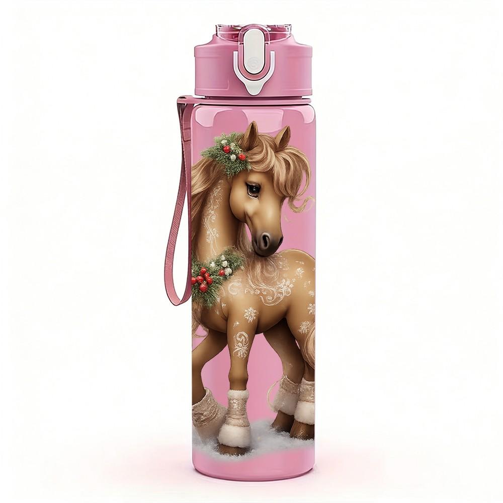 1PC Fluffy Horse Boho Animal Portrait 750ml Color Plastic Sports Water Bottle Leakproof Flip Straw Lid Suitable for Sports Office Home Use