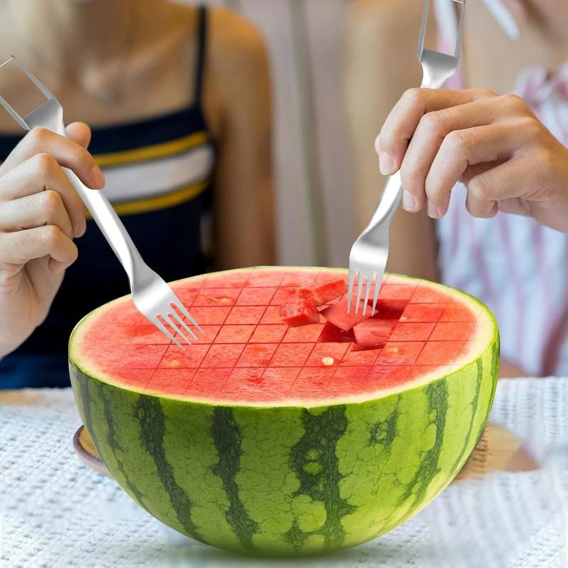 Kitchen Watermelon Fork Slicer - Stainless Steel 2-in-1, Portable Watermelon Fork, Watermelon Slicer Tool, Fruit Cutting Gadget