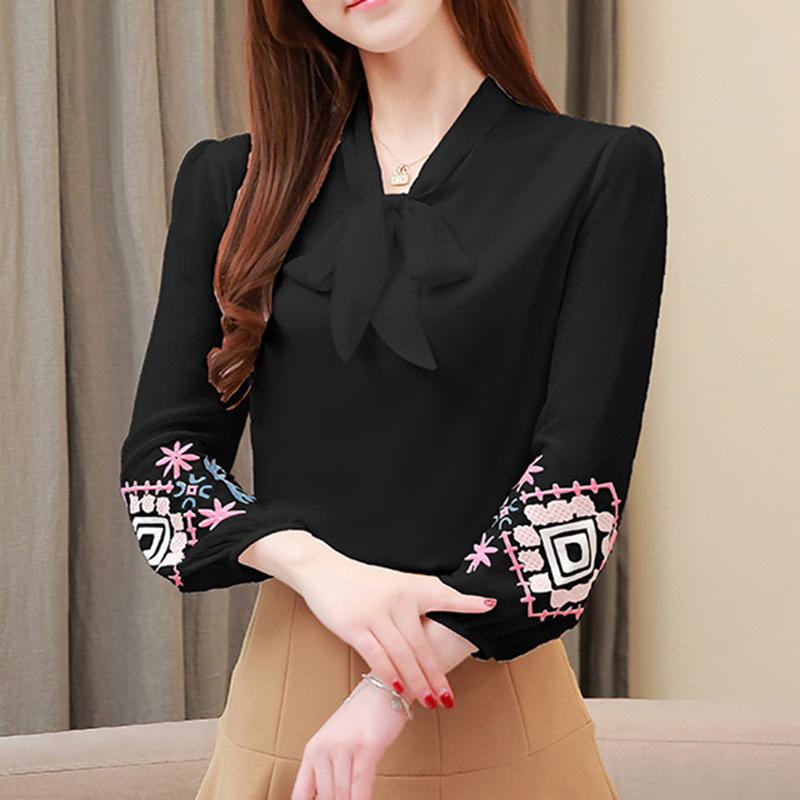 

Модные шифоновые белые рубашки с длинным рукавом, женские однотонные вышитые цветы, элегантные женские блузки, винтажные офисные топы с бантом и шнуровкой 6056 XXXL чёрный