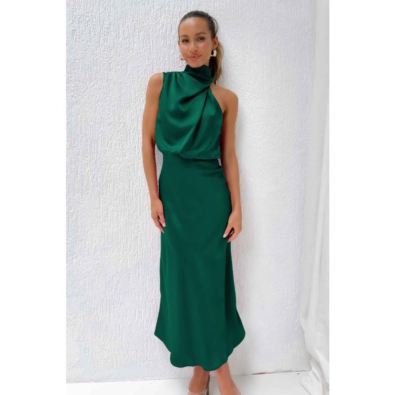 Europe, America, Spring and Summer New Solid Color High-end Satin Sleeveless Dress Fashionable and Elegant Temperament Light Evening Dress