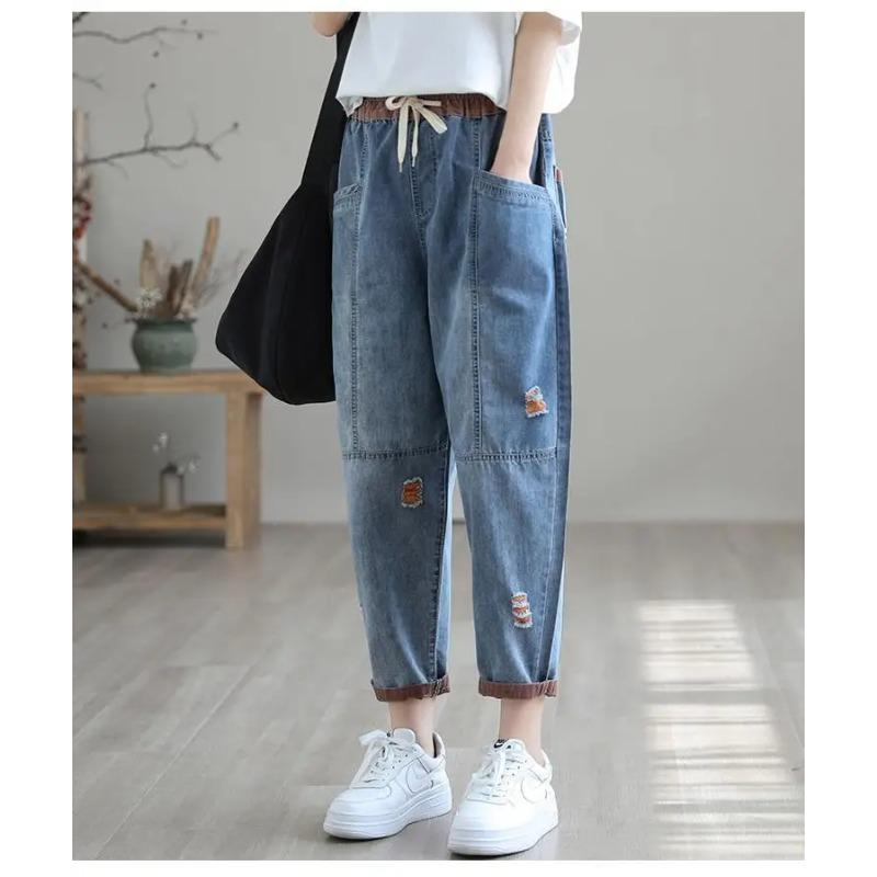 Nine Point Ripped Jeans Women Summer Loose Thin Elastic Waist Casual Harem Pants Denim Ankle Length Pant