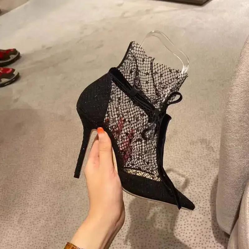 Fashion 2025 Breathable lace mesh high heels for women's new summer internet celebrity sandals pointed toe thin heel mesh Roman sandals