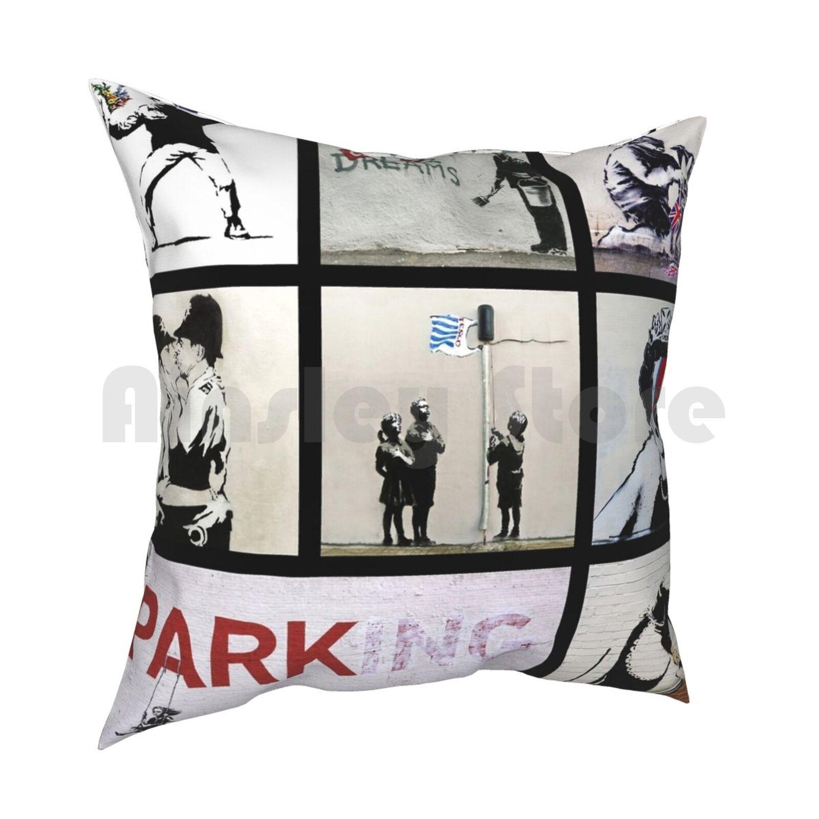 Banksy Montage Various Banksy Artworks Pillow Case Printed Home Soft Throw Pillow Banksy Art Banksy Graffiti Street 30x30cm 12x12in