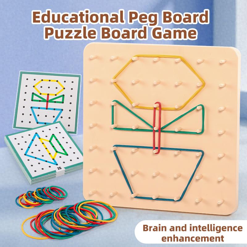 Kids Geoboard Wooden Pegboard Puzzle Toy with Rubber Bands & Pattern Cards, Montessori Early Learning Stem Toy for Toddlers 3+