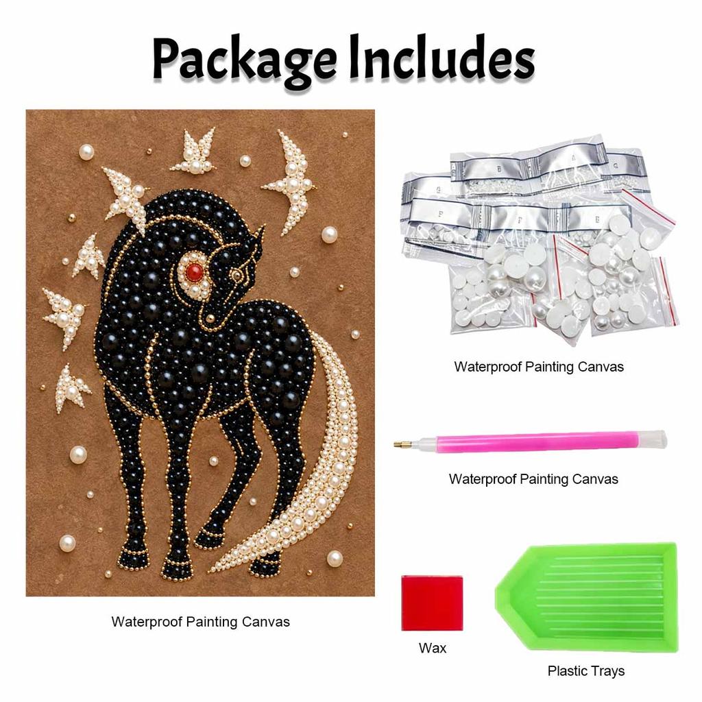 DIY Stretched Canvas Pearl Art Kit Black Horse with White Stars Design 5D Sparkling Bead Painting Relaxing Hobby Gift for Home Decor