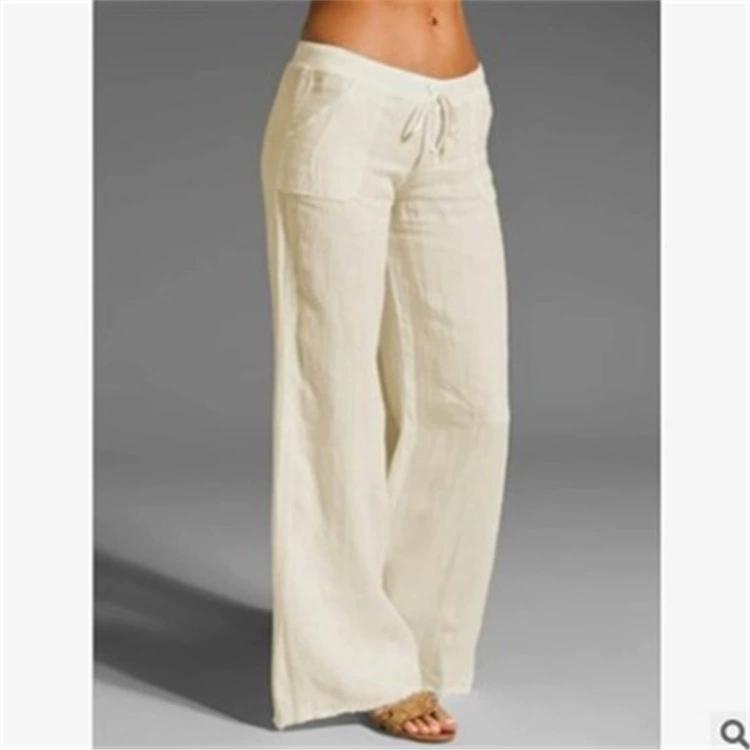 Women Cotton Linen Pants Solid Color Beach Pants Elastic High Waist Wide Leg Yoga Pants