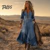 Casual Dress for Women Denim Print Maxi Women, Long Sleeve V Versatile Women's Neck Dress, Summer Loose A-line Flowy Vacation