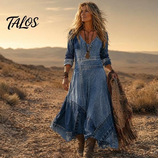 Casual Dress for Women Denim Print Maxi Women, Long Sleeve V Versatile Women's Neck Dress, Summer Loose A-line Flowy Vacation