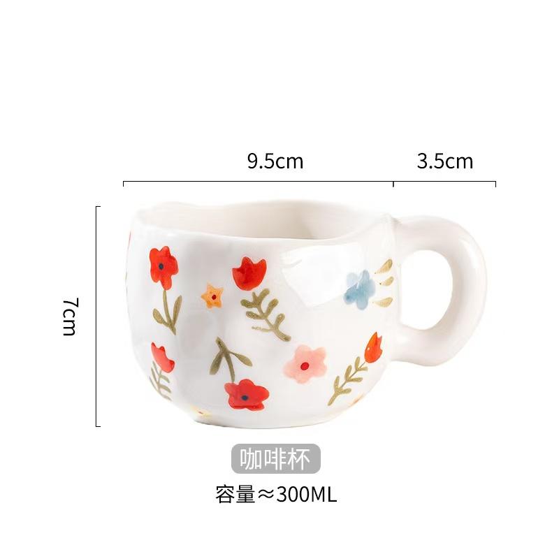 300ML Korean Style Hand Pinched Irregular Ceramic mug Hand-painted Flower Heart Coffee Cup Breakfast Milk Afternoon tea cup Gift