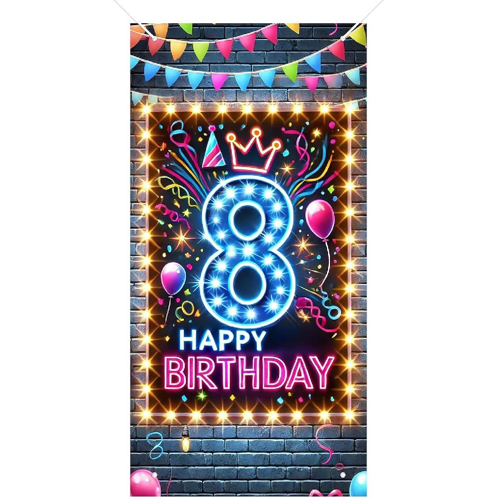 8th Birthday Door Cover 71x35 Inch Neon Glow Birthday Banner for Party Decorations LED Crown Balloon Backdrop Sign for Boys Girls Kids Photo Booth