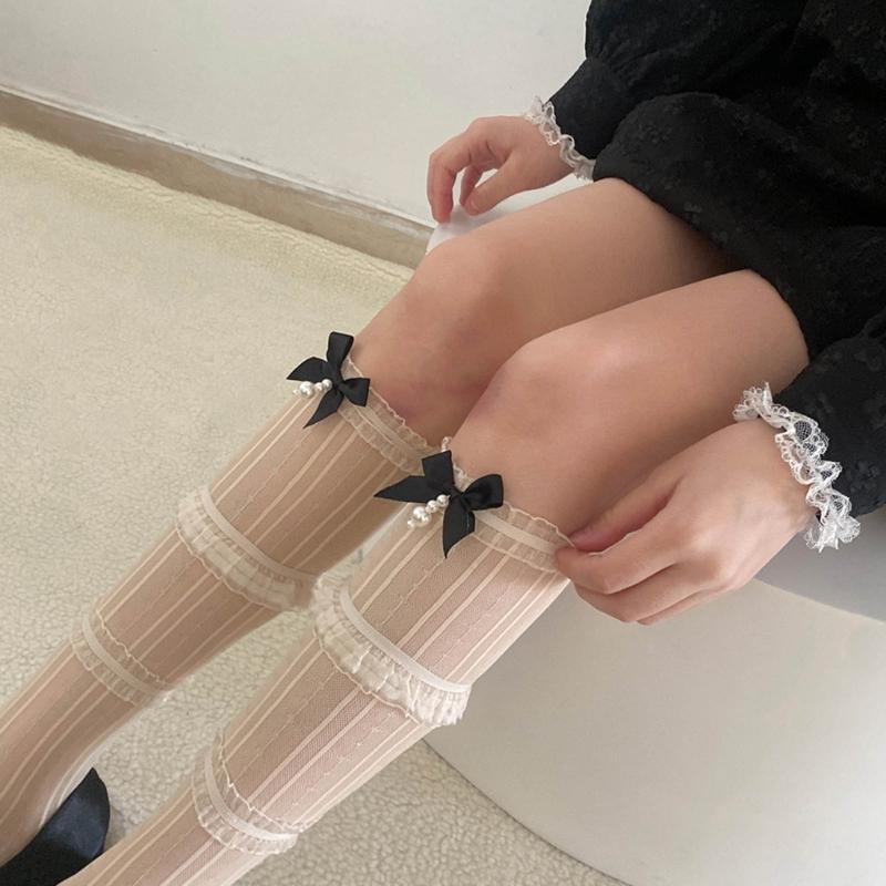 Womens Knee Length Lacy Edge Sock Bows Tie Stocking Bows Tie Long Fishnet Mesh Ballet Style Dance Sock for Summer