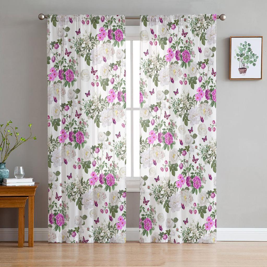 Vintage Flower Butterfly Sheer Curtains for Living Room Decoration Window Curtains for Kitchen Tulle Voile Organza Curtains