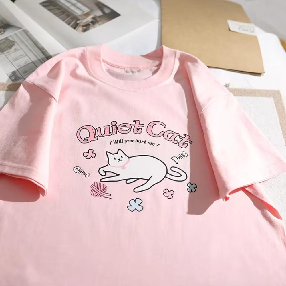 American Retro Cartoon Cat T-shirt For Men Women Short Sleeved Summer Loose Fitting Student Pure Cotton Couple Half Sleeved Top