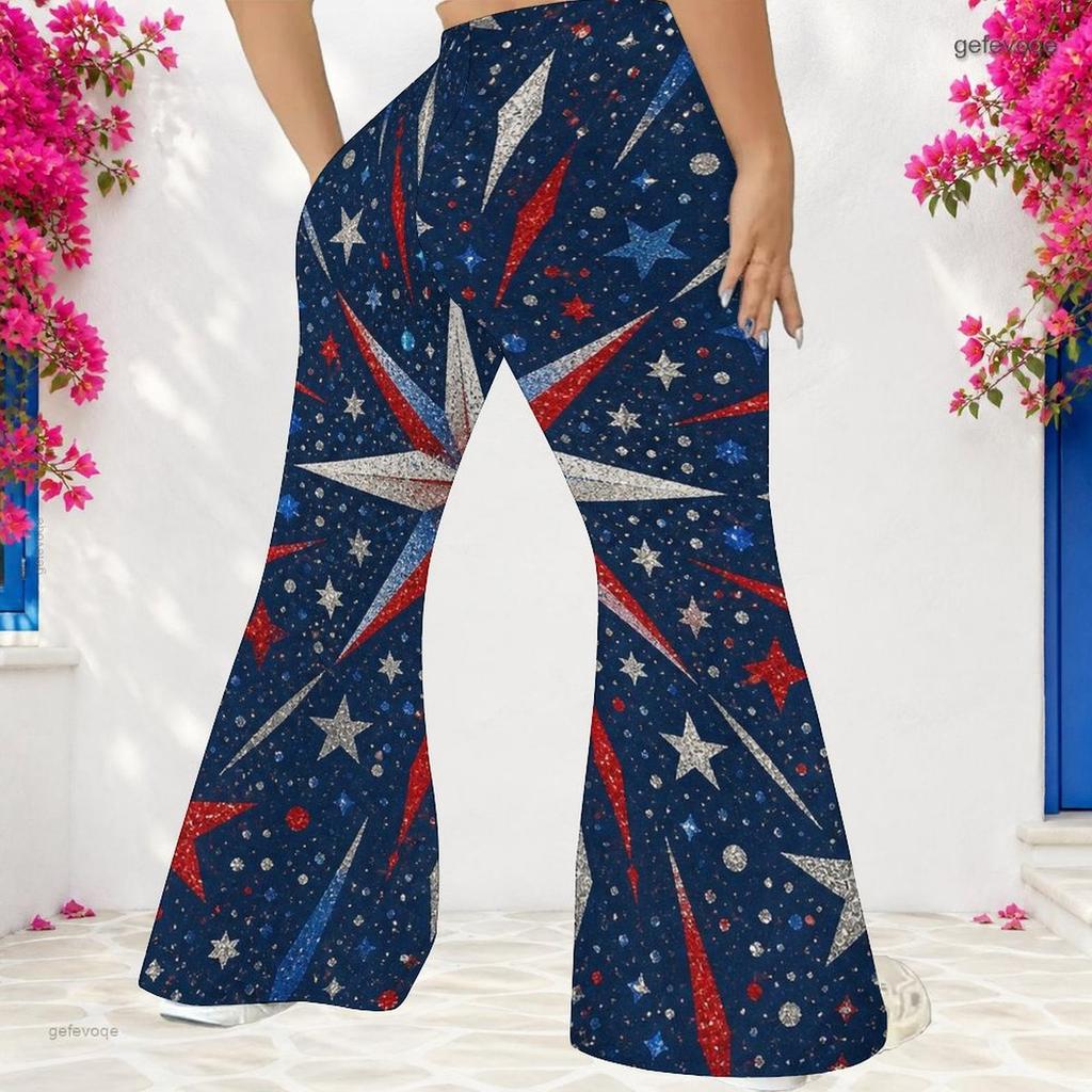 Women Plus Size High Waist Full Length Flared Pants White Star Printed Trousers