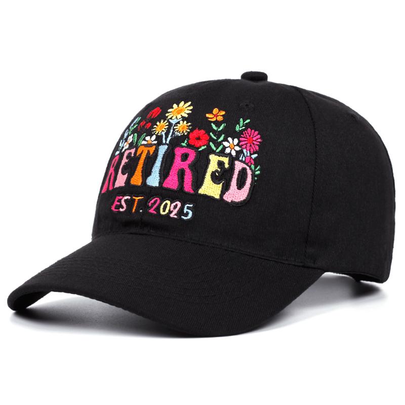 

RETIRED 2025 Flower-embroidered soft-top baseball cap Outdoor Sports event baseball cap Vacation travel Dad cap Adjustable чорний