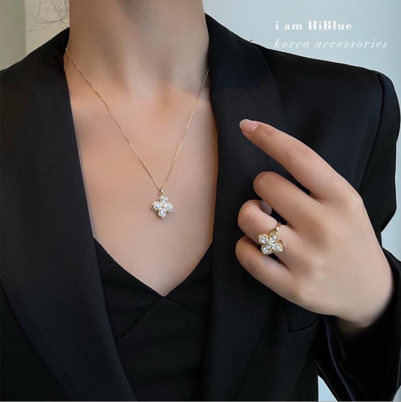 925 Silver Rotating Four-Leaf Flower Earrings, Necklace, and Ring Set for Women