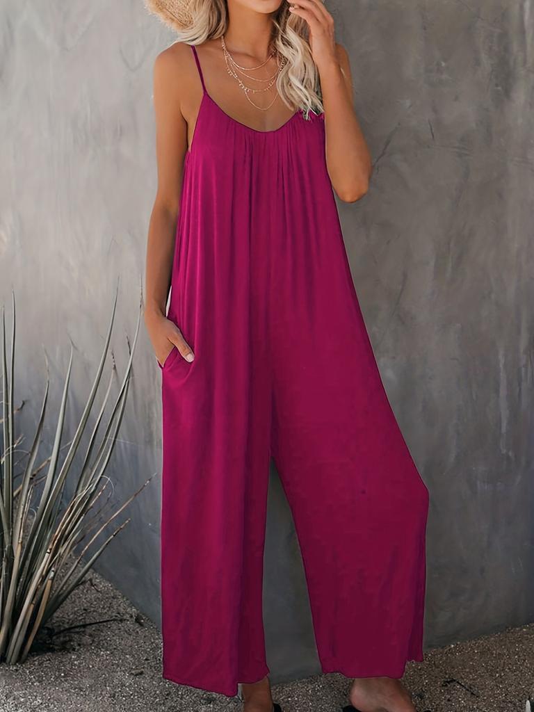 Large Size Women's Jumpsuit, Casual Fashion Temperament Solid Color Suspender Jumpsuit Women