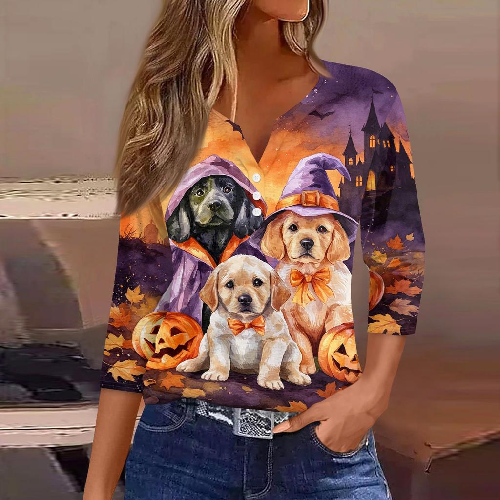 Women's Casual Halloween Print V-Neck Button Three-Quarter Sleeve Pullover T-Shirt
