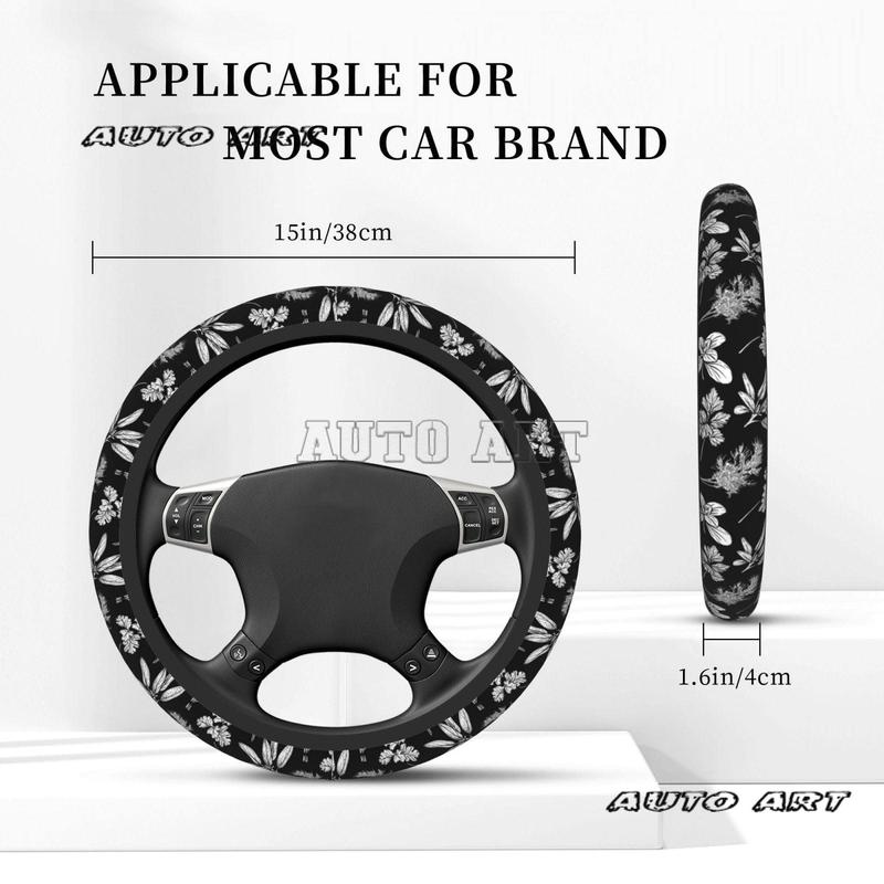 Herbs Flowers Plant White Black Car Steering Wheel Cover Protector Anti Slip Soft Car Interior Decor for Diverse Cars Truck