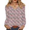 Women's Fashionable Casual V-neck Blouse Button Christmas Printed Long-sleeved Pullover T-shirt Top