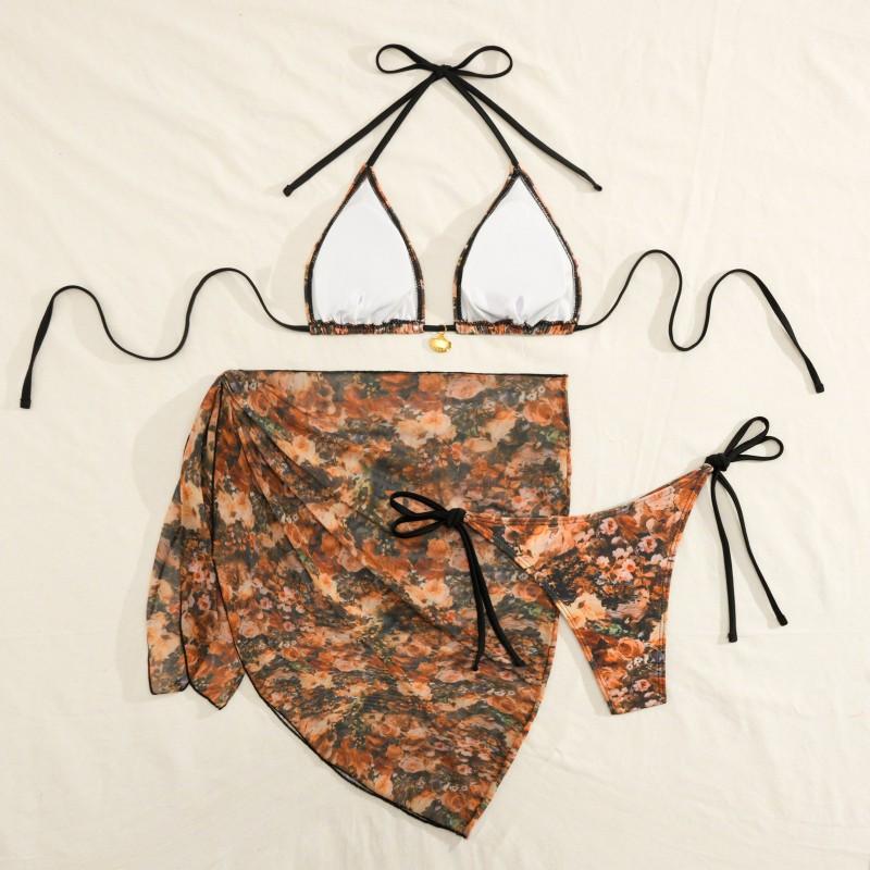 Sexy Chiffon Half Skirt Beach Wrap Three-piece Swimsuit Women Bikini2026